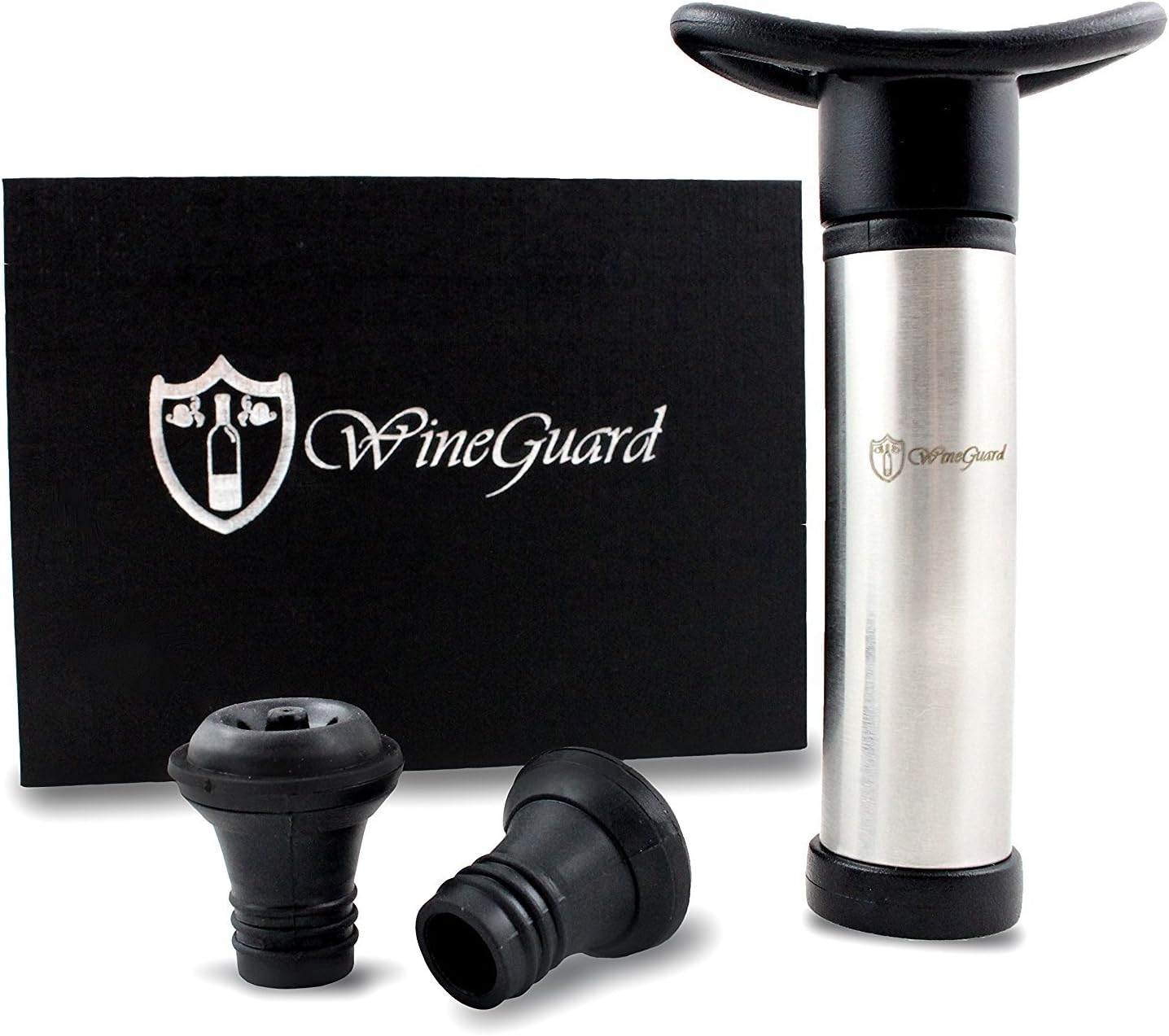 WineGuard Vacuum Wine Saver Pump and Two Stoppers in a Beautiful Gift Box - Easy-To-Use Preserver - Replaces Corks - Perfect Wine Accessory for Wine Lovers - Stop Wasting Your Leftover Wine