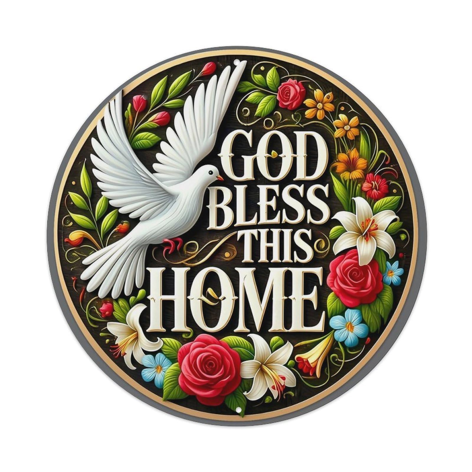 God Bless This Home Dove Floral Round Tin Sign Vintage Metal Sign Home Bar Garden Indoor & Outdoor Wall Decor Retro Metal Poster 8x8 Inch