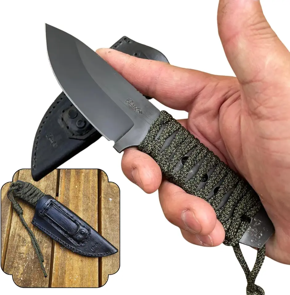 Faca Artesanal ES Mini Bushcraft, Cabo em Paracord 550, Full Tang, Aço Carbono 5160 e Bainha em Couro