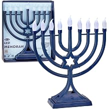 LED Electric Blue Hanukkah Menorah with Special Effects - Battery/USB Powered, Star of David, 4 Lighting/Blinking Modes, Large LED Bulbs, Chanukah Traditional Electric Menorahs - Navy Blue