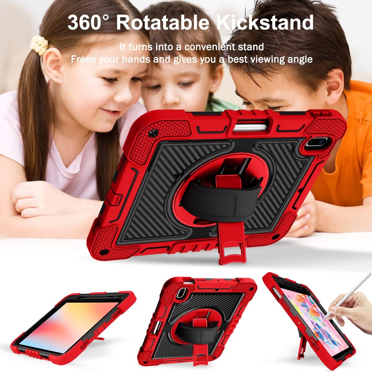 Shockproof Case for iPad (A16) 2025 11-inch, iPad 10th Gen 2022 Carrying Case with Hand Strap+Pencil Holder, Techcircle Heavy Duty Rotating Kickstand Rugged Protective Cover, Red