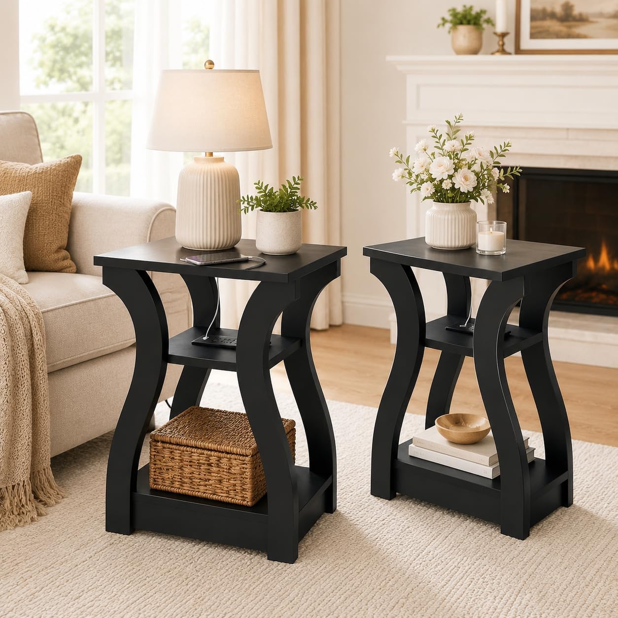 Black End Tables Set of 2, Side Table with USB Ports and Outlets, Side Table Set of 2, 3 Tier End Table Nightstand for Living Room, Curved Nightstand Side Tables for Living Room Bedroom Home