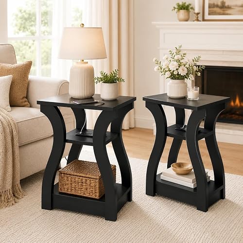 Black End Tables Set of 2, Side Table with USB