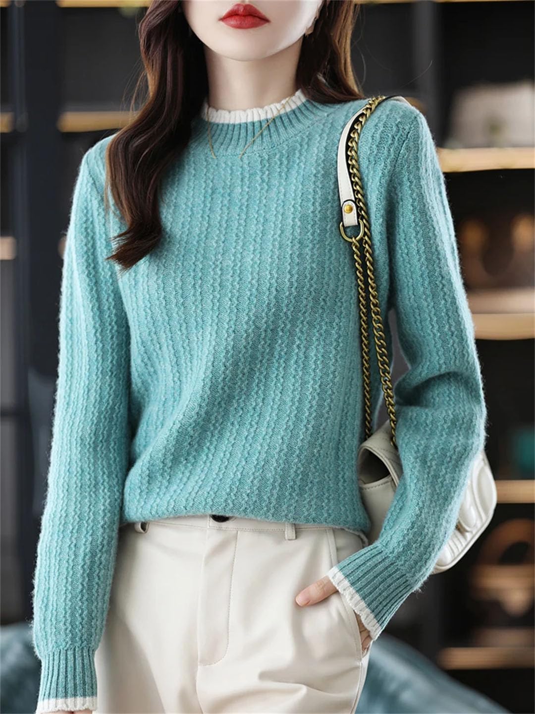 Vogrtcc Suéter De Cuello Alto Medio De Lana De Otoño E Invierno para Mujer Suéter De Bajo De Punto Suelto