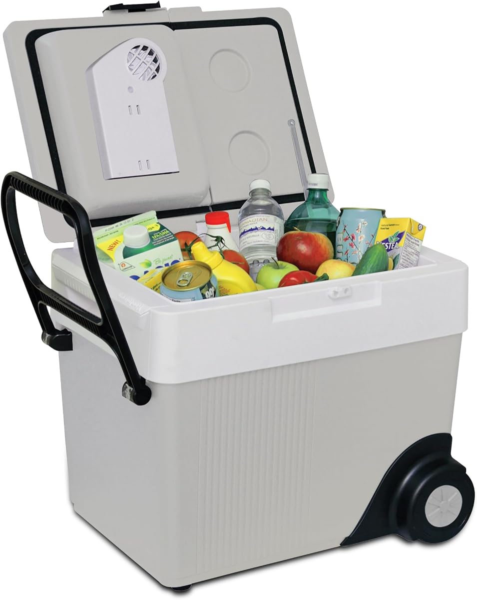 Koolatron Electric Portable Cooler Plug in 12V Car Cooler/Warmer 33 qt (31 L) w/Wheels No Ice Thermo Electric portable Fridge for camping Travel Road Trips with 12 Volt DC Power Cord Gray/White.