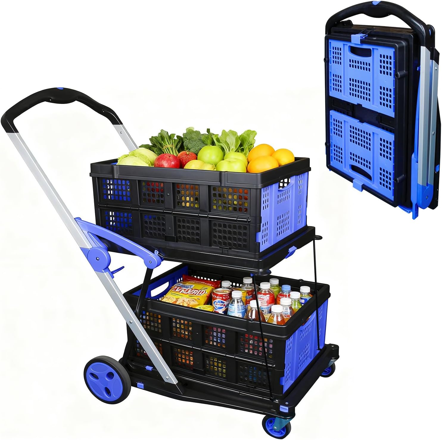 APOXCON Shopping Cart with 2 Storage Crates, Multi Use Two Tier Collapsible Cart with 360° Rolling Swivel Wheels Heavy Duty Folding Trolley for Shopping, Picnic and Office