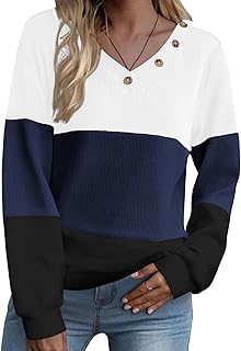 Women Waffle Knit Tops V Neck Long Sleeve Tunics Color Block Casual Blouse Fall Fashion 2026 Button Decor T Shirt
