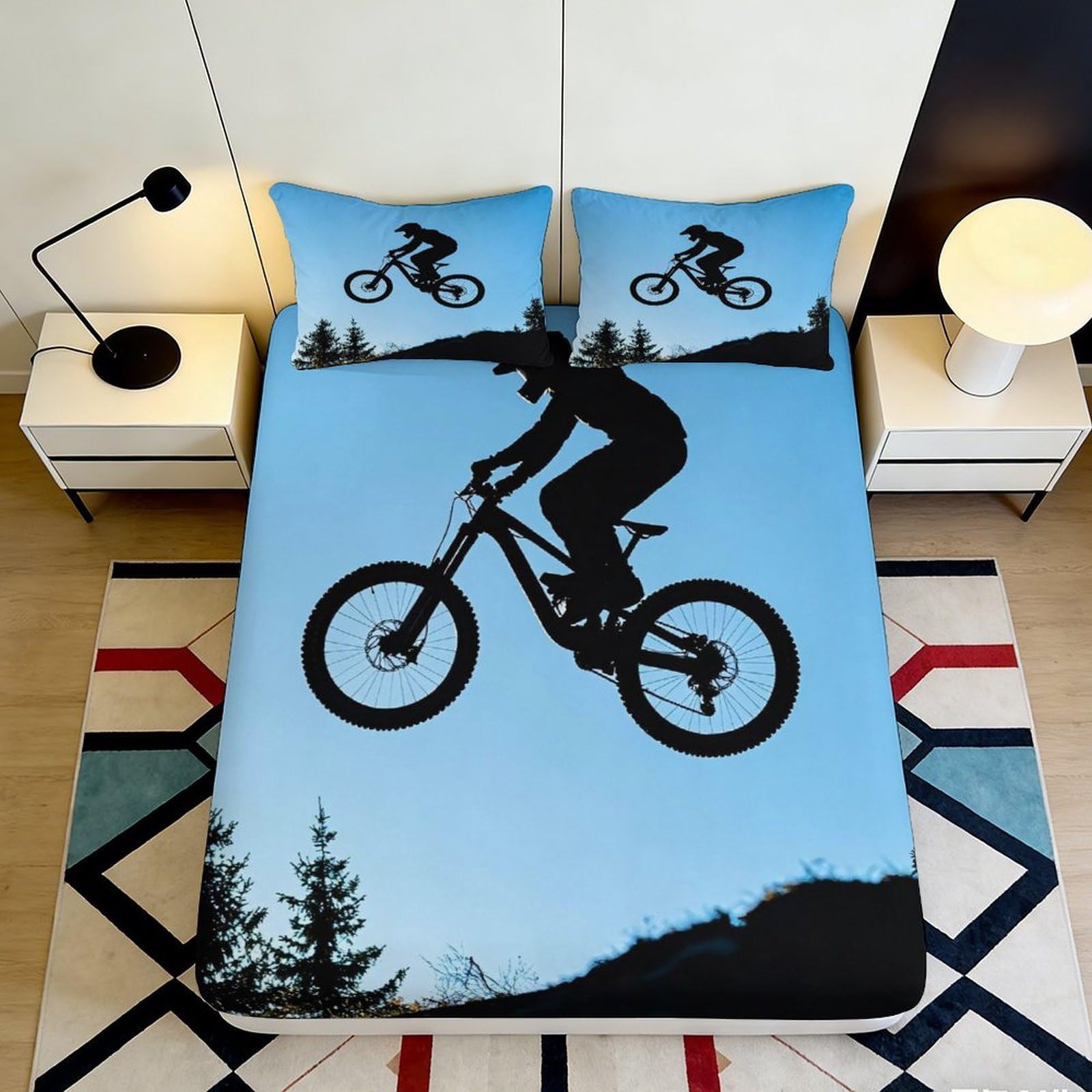 3D Printed Mountain Biking Fitted Sheet Microfiber Durable Blue Bed Cover with Silhouette Design Mattress Cover for Bedroom Dormitory Guest Room 140x200x25cm