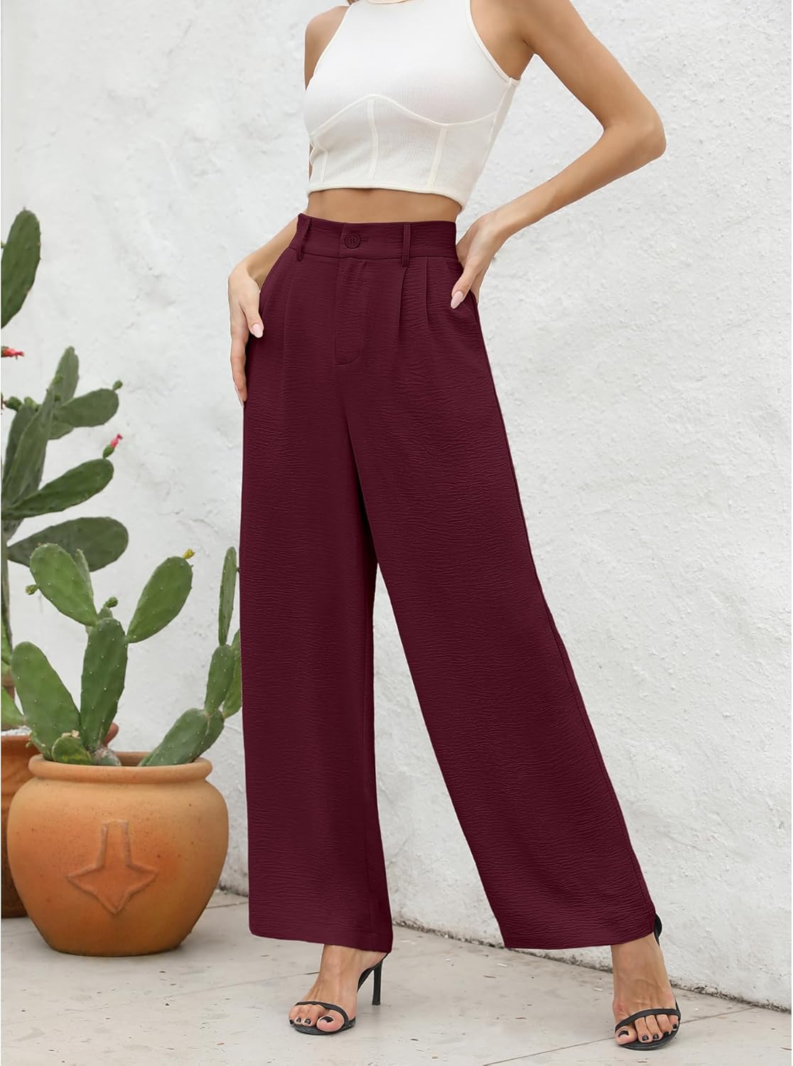 CZYINXIAN Women's Casual High Waisted Wide Leg Pants Flowy Business Work Casual Pants with Pockets - Image 2