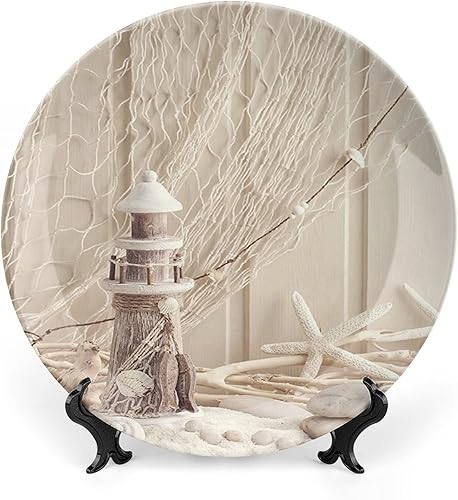 XISUNYA Plato decorativo de 10 pulgadas, artesanía de cerámica náutica, barco de vela marina, salvavidas con diseño de estrellas de mar, faro,