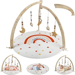 Spielbogen Baby Aus Holz,Mit 6 Abnehmbaren Spielzeugen Zum Greifen,Spieldecke Baby Mit Bogen,Baby Spieldecke Für 0-18 Monate,Geschenke Für Neugeborene,Babyparty Geschenk