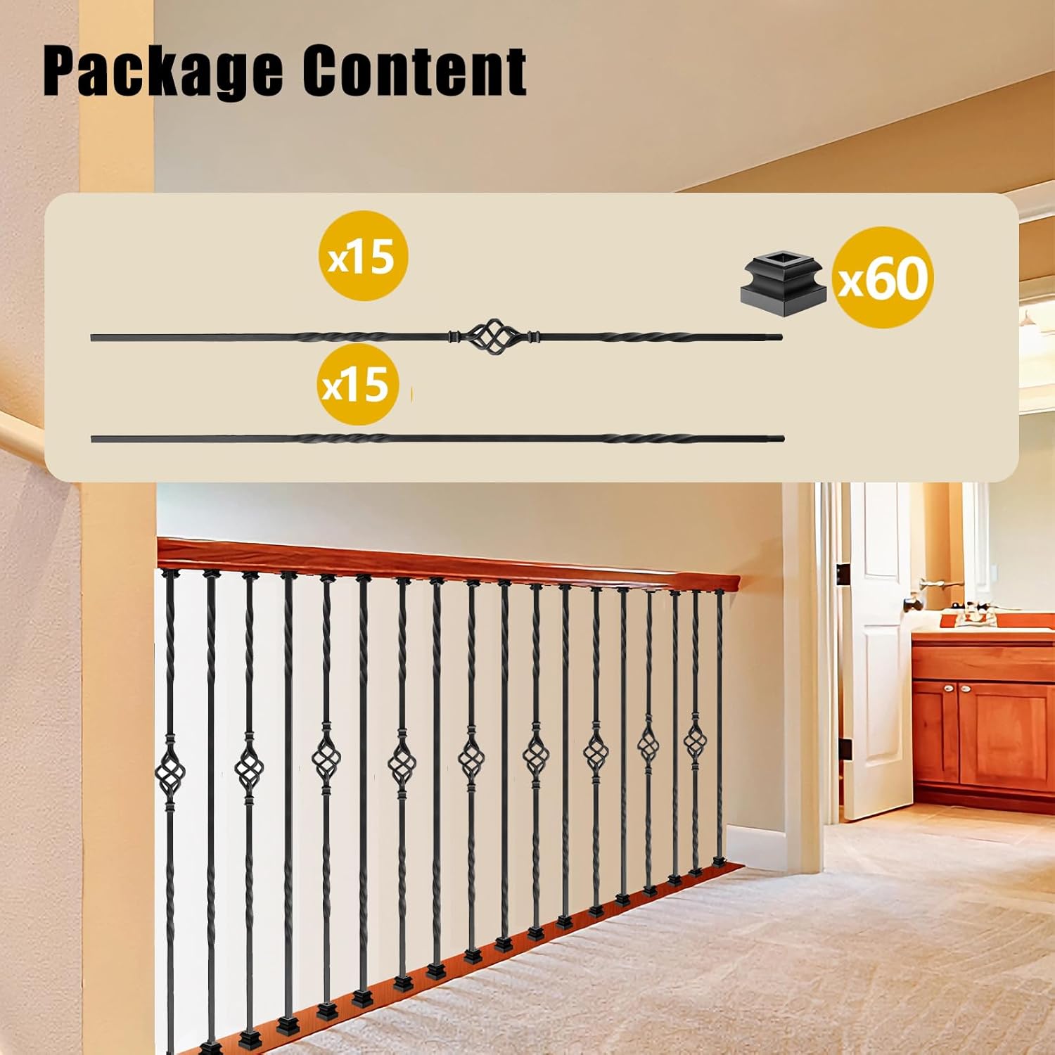 Iron Balusters for Staircase 30 Pack, Wrought Iron Balusters, 1/2" Hollow Single Basket Stair Spindles Stair Balusters, Metal Balusters for Decks W/ 60 Pack Baluster Shoes