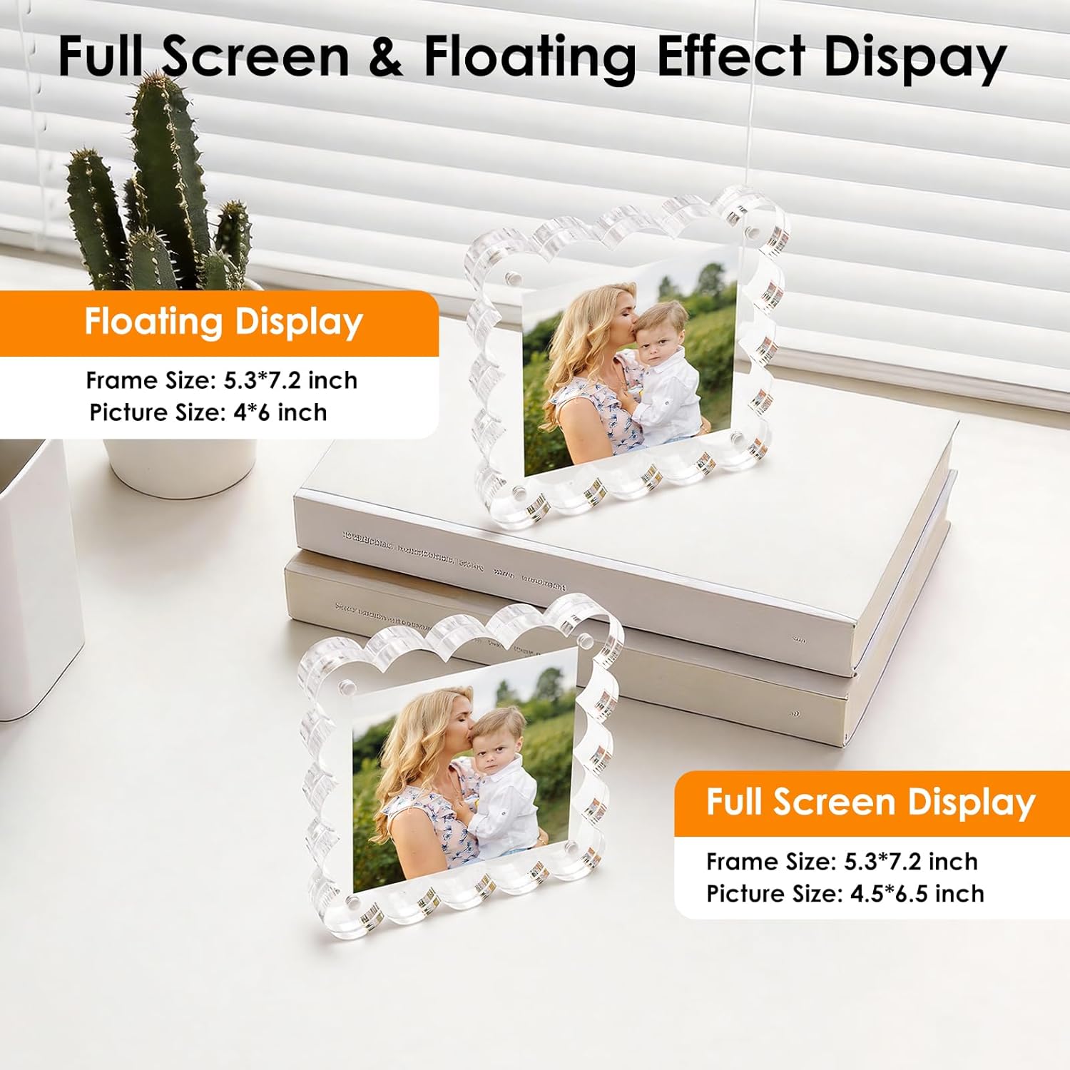 3 Pack Acrylic 4x4inch Magnetic Picture Frame,Double Sided,10+10mm Thick Block,Picture Frames Acrylic Photo Scalloped Frames Freestanding Gifts for Desk,Fridge, Locker,Office Cabinet(Clear,4x4)