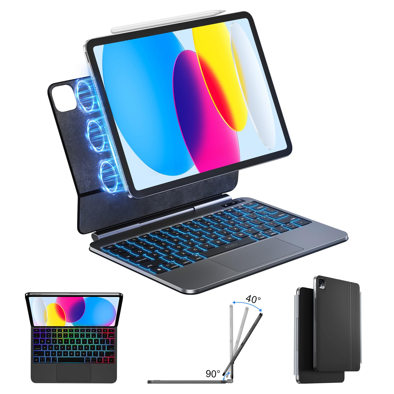 WIWU iPad Keyboard Case A16 11th/10th Gen, 7 Color Backlit Bluetooth Magnetic Keyboard,Stain-Resistant Surface Multi-Touch Trackpad Black (for iPad