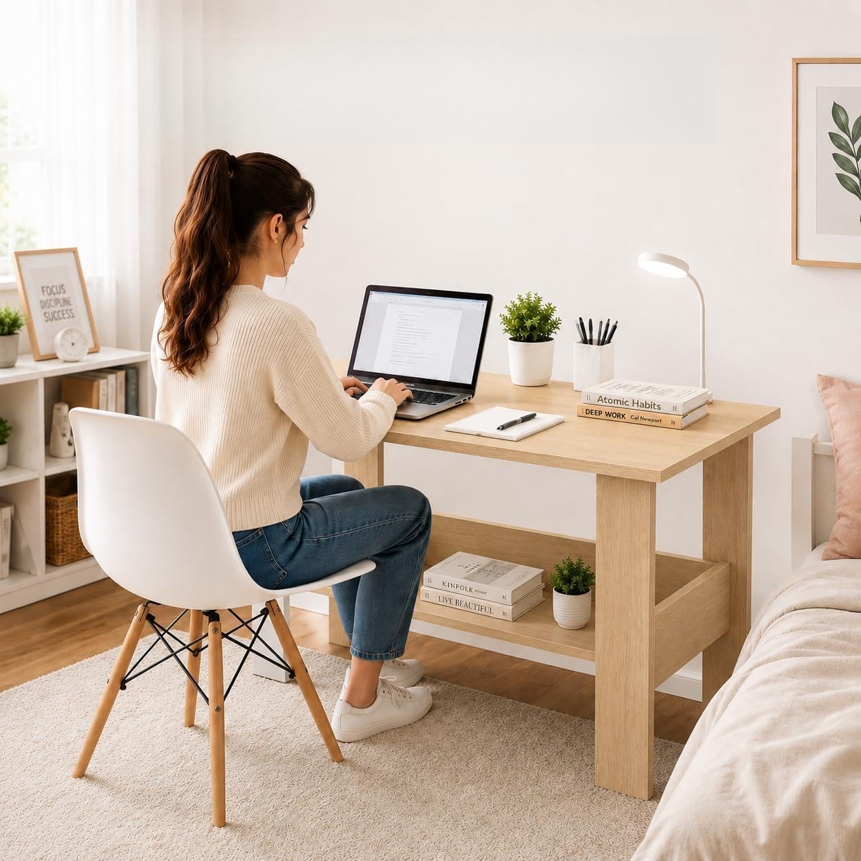 FURLAY Sleek Computer Study Desk, Space Saving Writing Table with Lower Open Shelf Storage, Engineered Wood Laptop Table for Student Room, Office & Work from Home, 90x50x77cm (006-Classic Oak)