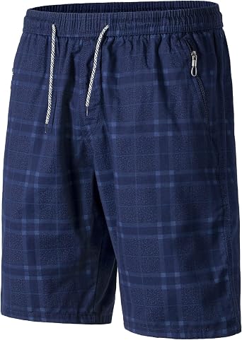 Mens Casual Plaid Beach Shorts, Soft Cotton Shorts with Drawstring Elastic Waist and Zipper Pockets