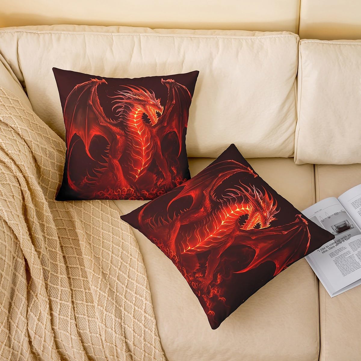 Castle Fairy Red Dragon Throw Pillow Covers 24"x24" Set of 2 Kids Boys Games Cushion Covers for Couch Sofa Flame Wild Animal Decorative Pillowcases Red Black Wildlife Outdoor Pillows Covers