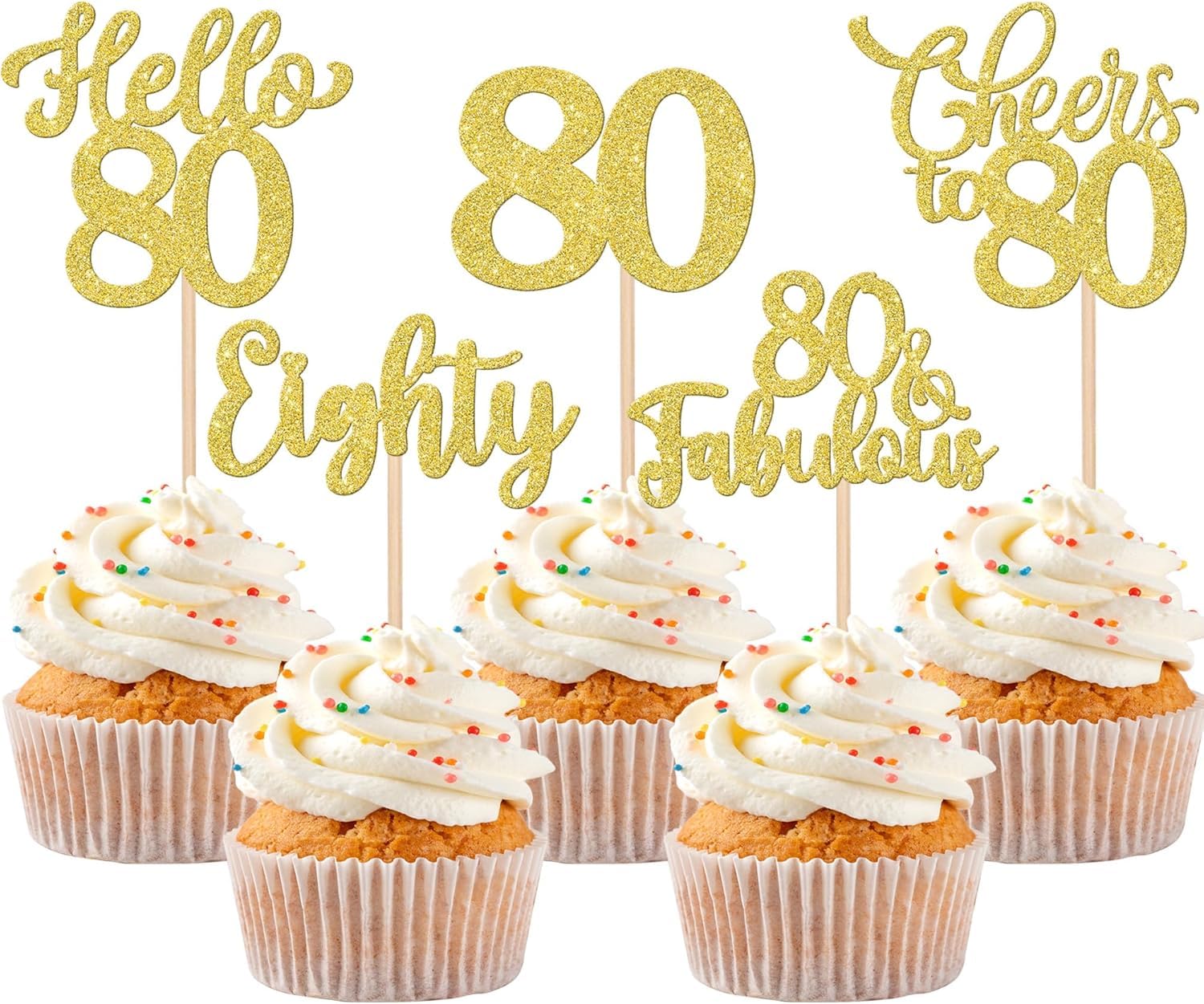 30 Stück 80th Geburtstag Tortendeko Glitzer Hello 80 Cheers to 80 Cupcake Toppers 80 & Fabulous Eighty Kuchen Deko für Prost auf 80 Geburtstag Jahrestag Party Kuchen Dekoration Gold