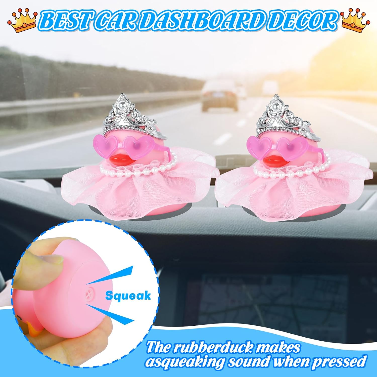 Pink Rubber Ducks with Crown, Pearl Necklace & Heart Glasses - Cute Car Dashboard Decorations, DIY Princess Duck Accessories for Car, Office, Home