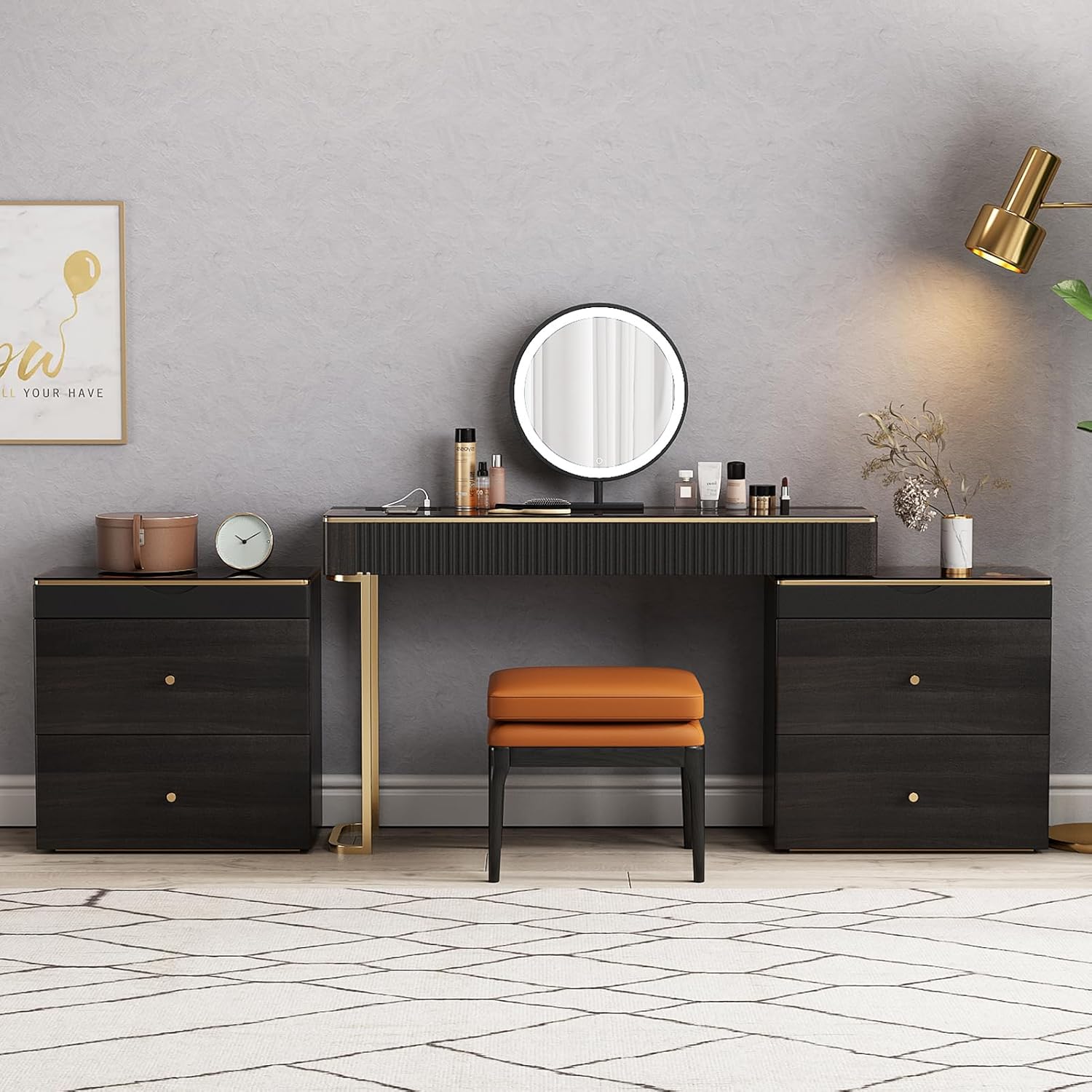 Lartis Makeup Vanity with Stool, Very Easy to Assemble,Retractable TV Cabinet Combination, Dressing Table Desk in one, Super Storage