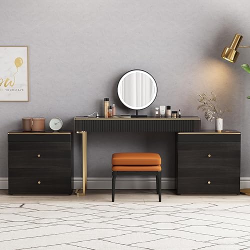 Miniatura 3 de Lartis Tocador de maquillaje con taburete, muy fácil de montar, combinación de gabinete de TV retráctil, tocador en uno, súper almacenamiento Negro