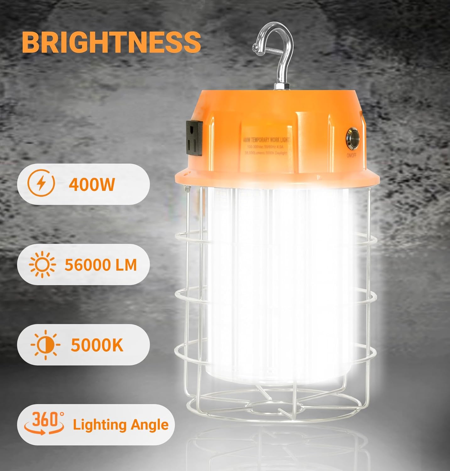 400W LED Temporary Work Light with ON/Off Switch & Hook, 56,000LM 5000K Daylight, Portable Hanging Construction Site Light for Jobsite, Warehouse, Workshop, Outdoor Projects - Image 2