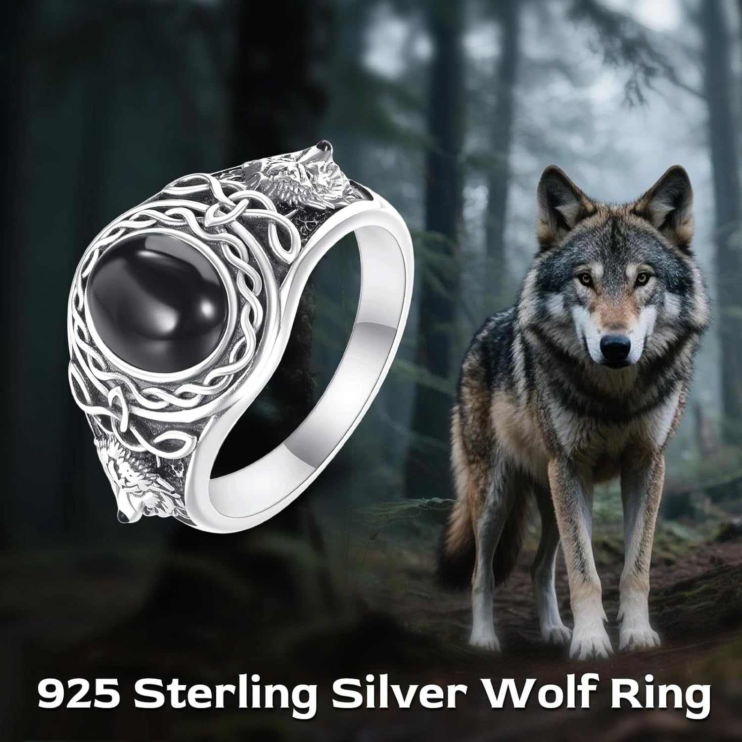 Men's Celtic Vinking Wolf Ring Sterling Silver, Oval Shaped with Natural Gemstone (Black Onyx, Turquoise, Amber, Tiger Eye, Lapis Lazuli), Vintage Norse Jewelry Gift for Him - Image 6