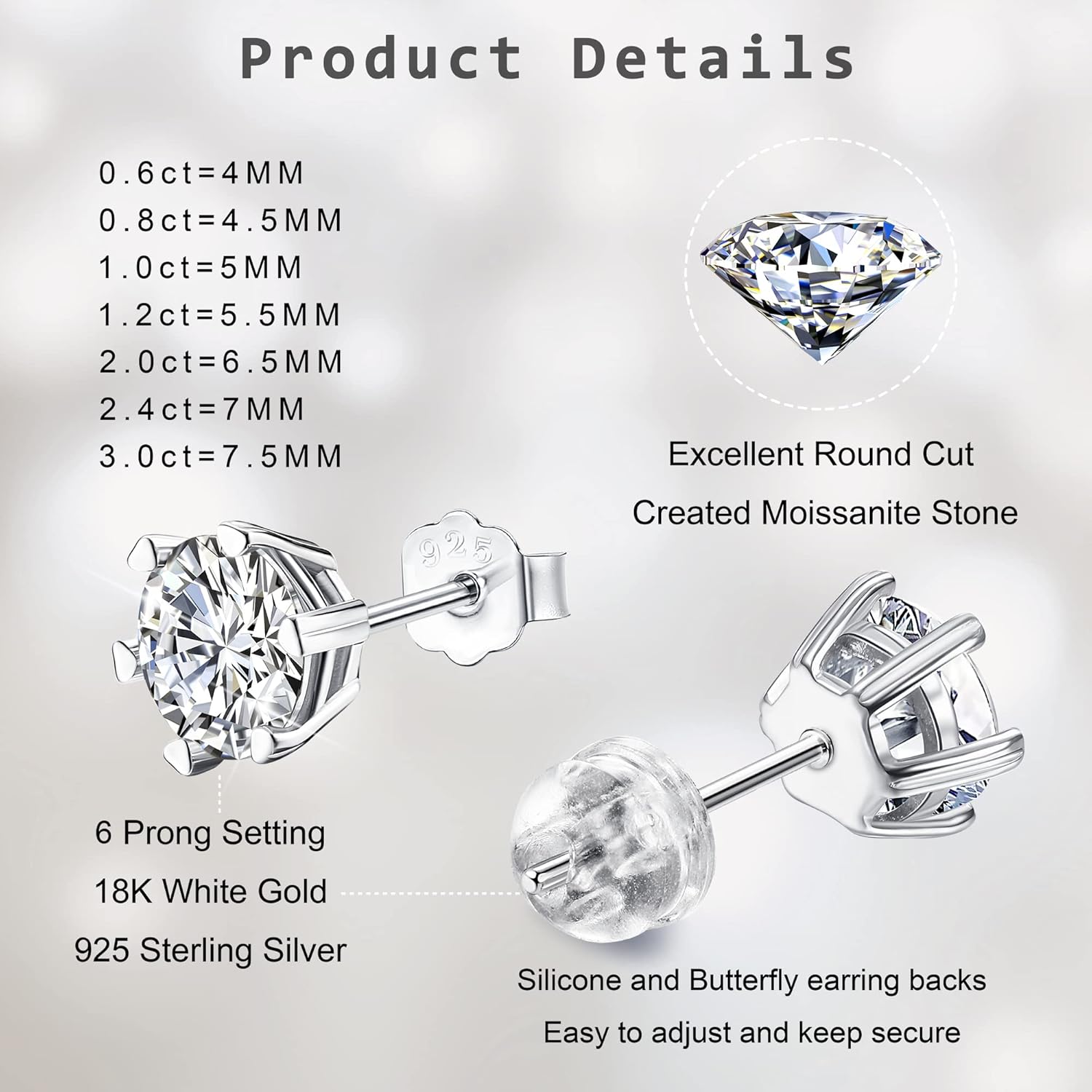 Moissanite Stud Earrings 18K White Gold Plated Brilliant Round Cut D Color VVS1 Clarity Lab Created Moissanite Earrings Sterling Silver Earring Hypoallergenic Earrings for Women Men 1 - Image 5