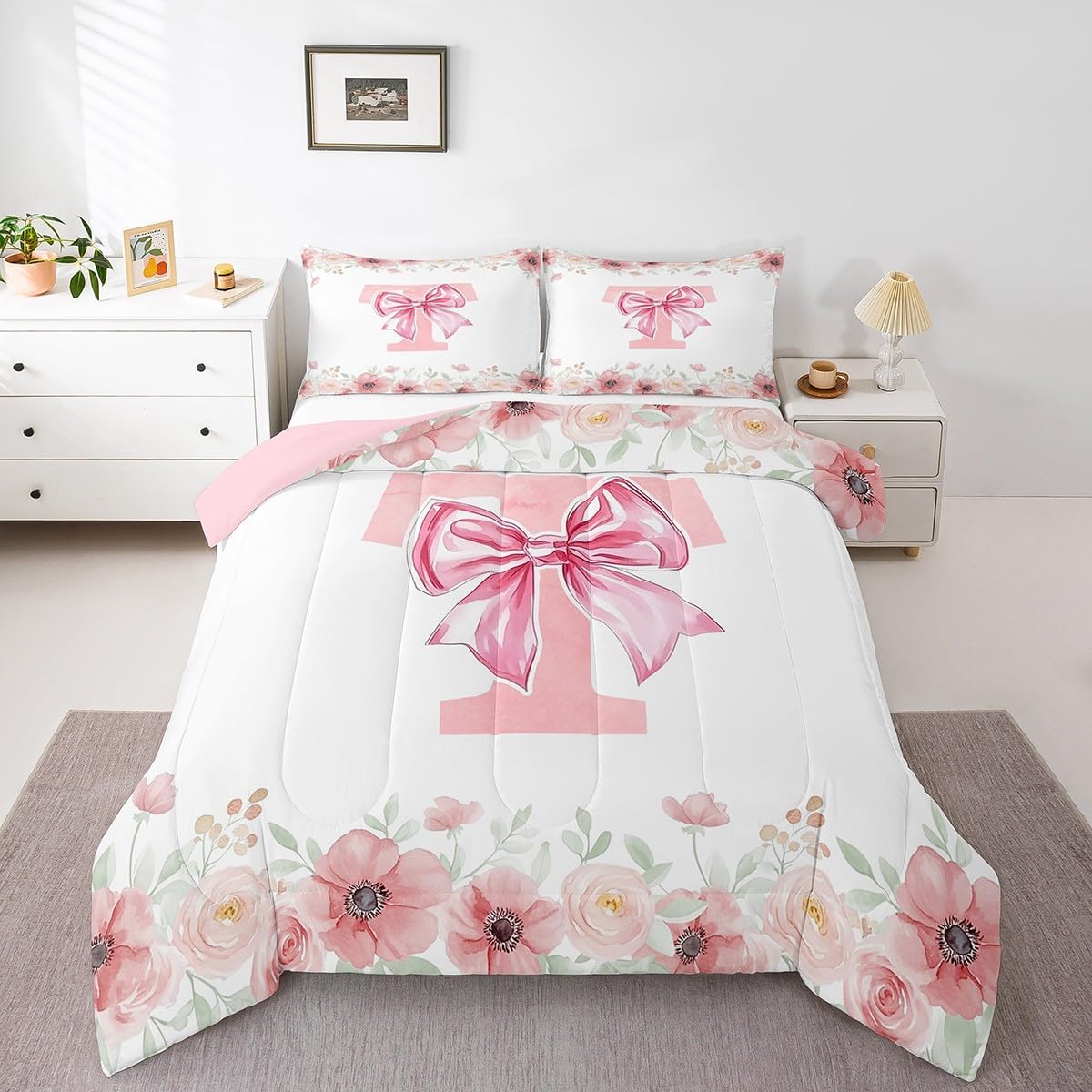 Erosebridal Initial Letter P Bow Bedding Set for Kids Girls Teen Women,Pink Girly Bowknot Comforter Set Toddler Cute Fantasy Princess Bedding Comforter Sets Romance Flower Floral Quilt Duvet