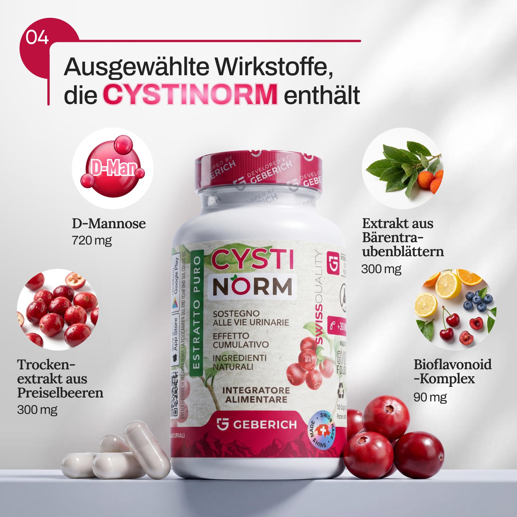 Kapseln CYSTINORM | Blasengesundheit | D-Mannose 720mg + Cranberry-Extrakt 300mg | Gesundheit der Harnwege | mit Erdbeerbaum-Extrakt Bioflavonoid-Komplex | Nahrungsergänzungsmittel