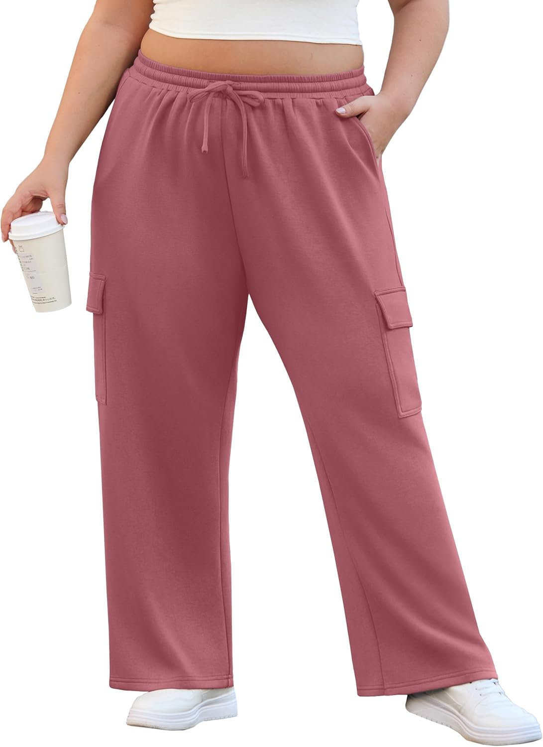 OLRIK Womens Plus Size Wide Leg Cargo Sweatpants High Waisted Drawstring Lounge Pants with Pockets Baggy Strechy Joggers - Image 2