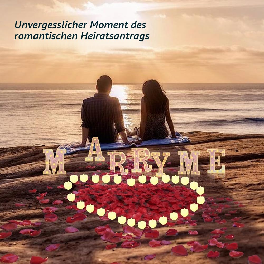 LOMUG Rosa MARRY ME Leuchtbuchstaben als Dekoration für Heiratsanträge, MARRY ME-Schild mit 24 flammenlosen Herzkerzen, 2000 Rosenblättern für Heiratsanträge, romantische Nachtdekoration