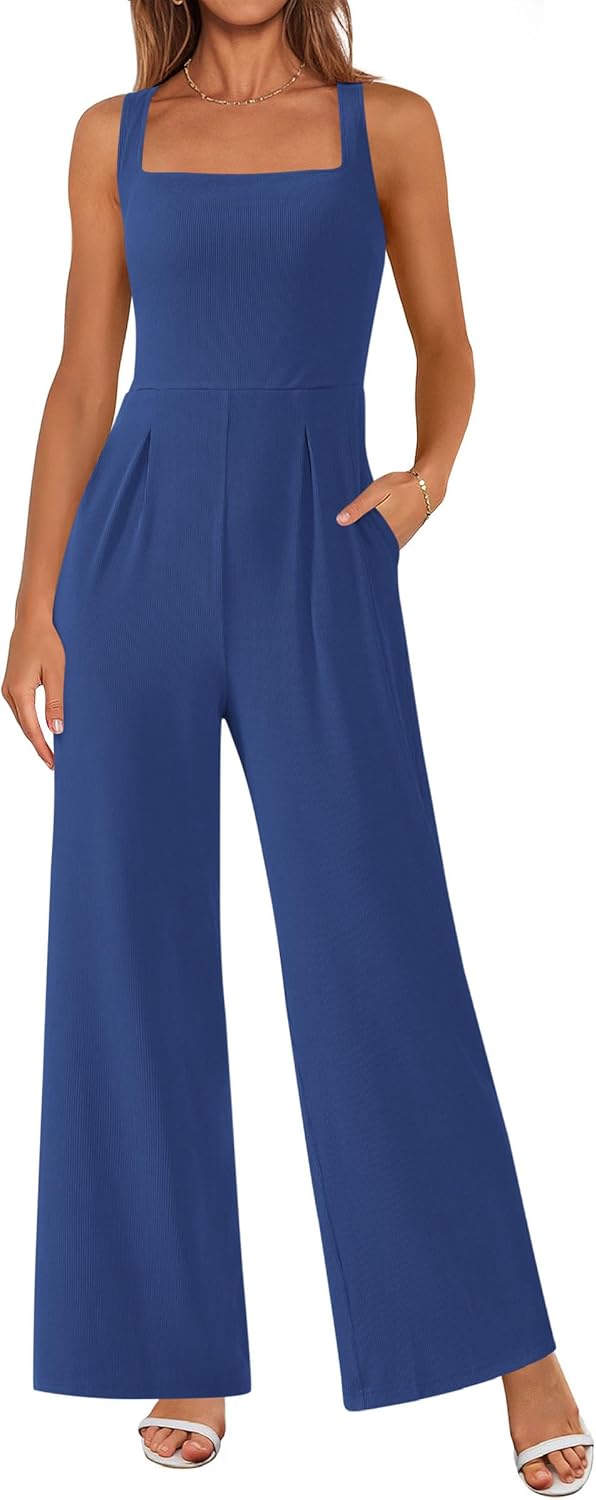 PRETTYGARDEN Summer Sleeveless Jumpsuits for Women Dressy Square Neck Wide Leg Pants Knit One Piece Rompers Fashion Clothing