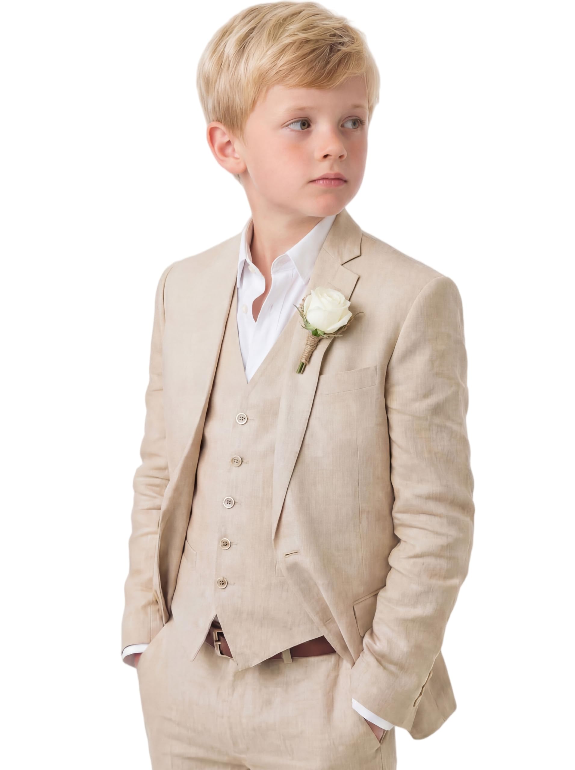 Photo 1 of Kismissal Boys Linen Suits 3 Pieces Blazer Vest Pant Lightweight Summer Classic Fit Solid Formal Beach Communion Easter Suit,Beige,5