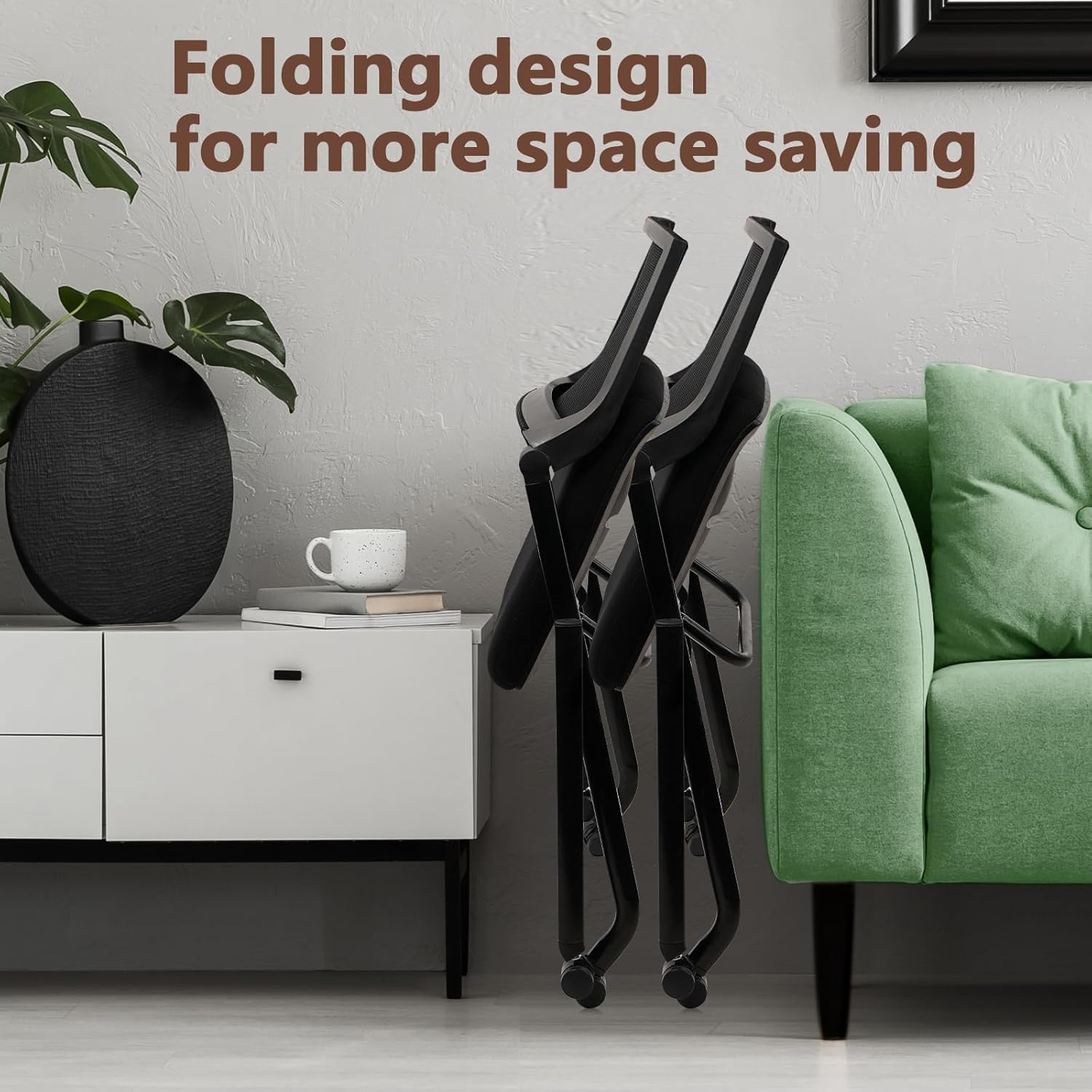 CLATINA Stackable & Foldable Chairs with Wheels, Reception Guest Chairs with Lumbar Support, Ergonomic Mesh Back Folding Chair for Office Meeting Schools Training Conference Waiting Room, Black