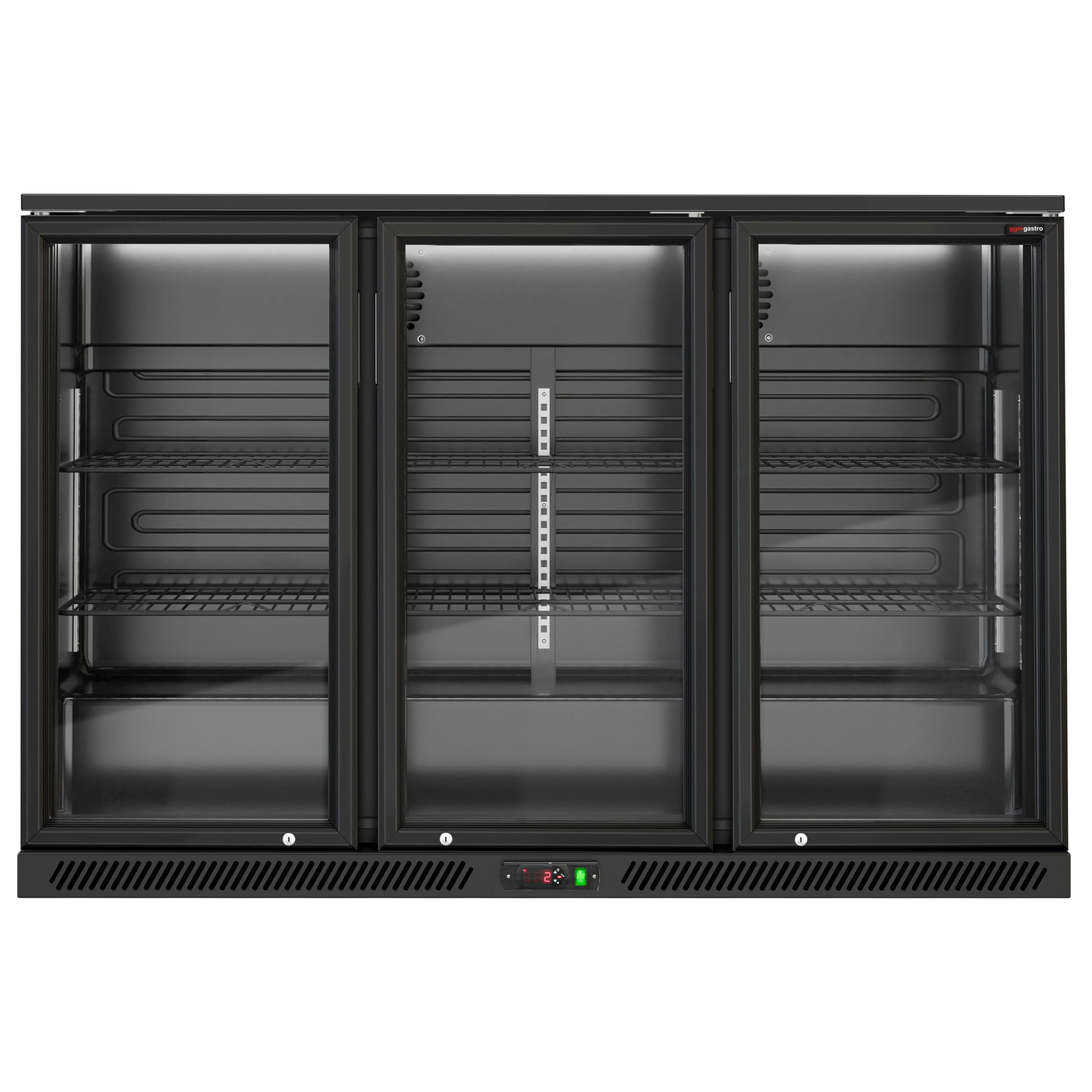 GGM Gastro | BKTG320S | Barkühlschrank - 1330mm - 320 Liter - mit 3 Glasflügeltüren - Außen & Innen Schwarz