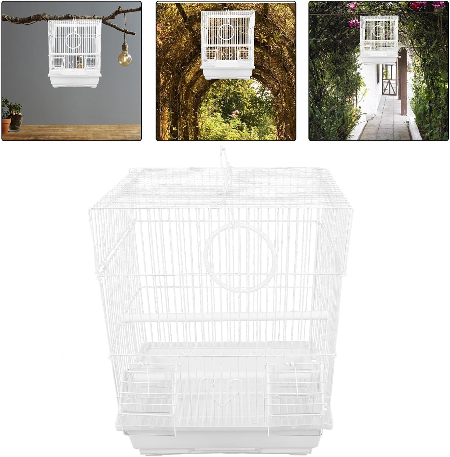 Metal Bird Cage Parrot Carrier with Handle Portable Iron Travel Cage White Medium Size for Cockatiel Conure Outdoor Use