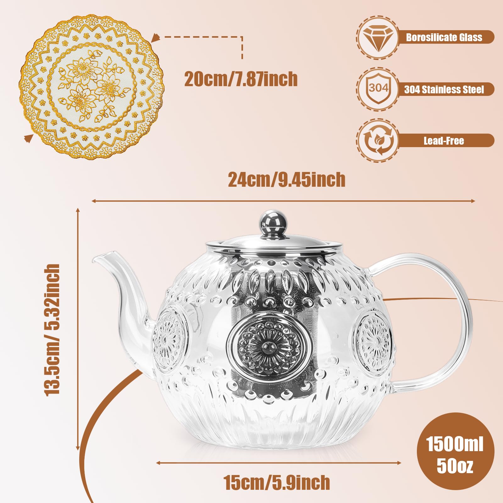 Teiera in vetro da 1500 ml, con infusore e sottopentola, per 4-6 tazze | Teiera in vetro borosilicato per foglie sfuse e tè in fiore, bustine di tè, lavabile in lavastoviglie e congelatore