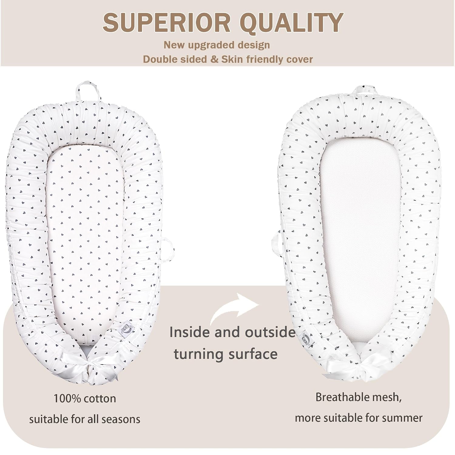 EAQ Baby Lounger for Newborn, Reversible Infant Lounger with Breathable Mesh & 100% Cotton Cover, Portable Baby Lounger Pillow, Soft Cozy Baby Nest for Lounging & Travel(White-Grey)
