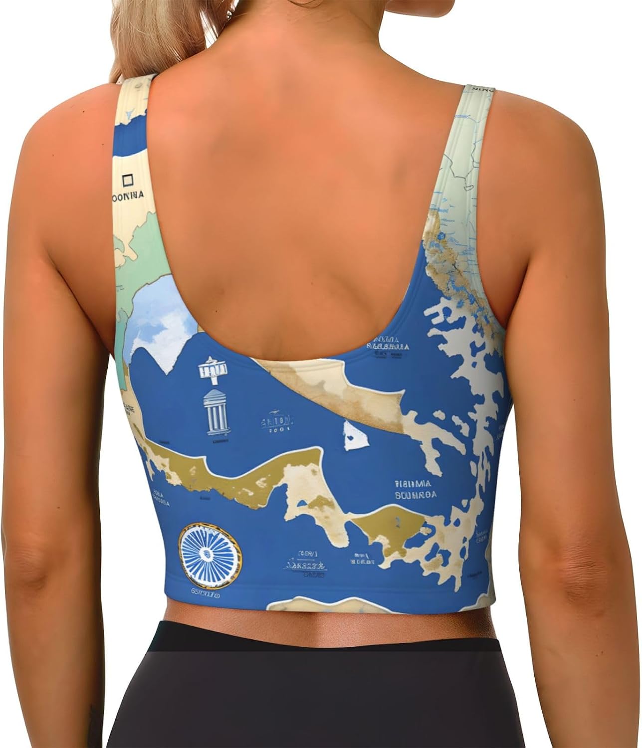 Greece Map Print Women's Strappy Sports Bra, Stretch Gym Bras U Neck Yoga Tops, Comfort Seamless Bra