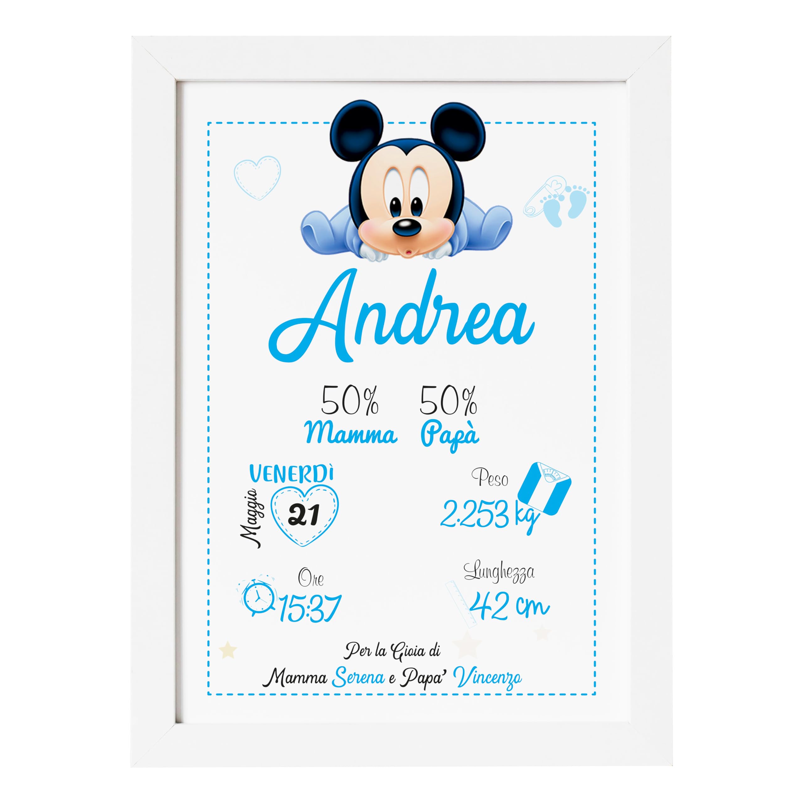 Luglio® - Quadretto Nascita, Cornice Nascita Personalizzata con i Dati del tuo Neonato o Bambino. Idea Regalo per Battesimo, Nascita. Decorazione per Cameretta. 25x20 Cm (Modello 1, Femminuccia)