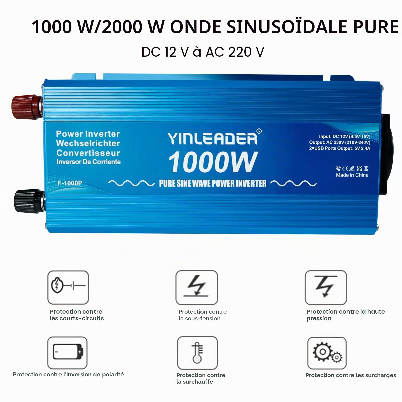 Yinleader Convertisseur 12v 220v Pur Sinus 1000W /2000W convertisseur Pur Sinus avec Double USB