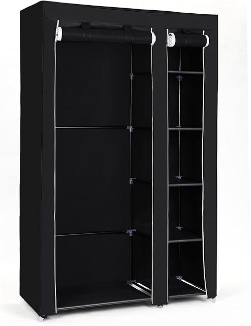 SONGMICS Portable Wardrobe, Foldable Closet, Clothes Storage Organiser with Hanging Rail, Shelves, Fabric Cover, for Bedroom, Cloakroom, 110 x 45 x 175 cm, Black LSF007