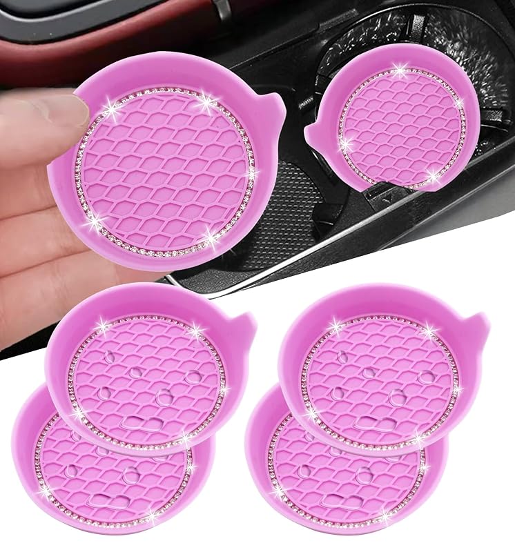 Kit de porta-copos para carro NBTEPEM em silicone com strass, redondo, cor New Pink, 4 peças