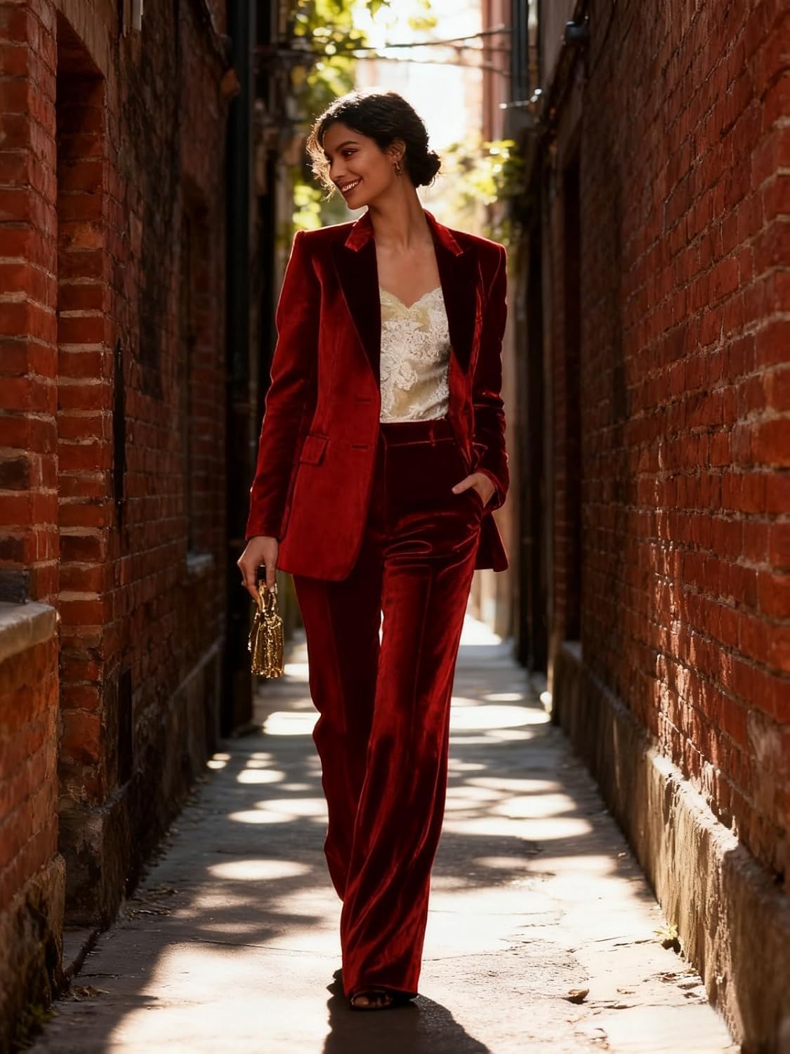 Women's 2 Piece Velvet Suit Notch Lapel Double Breasted Women Blazer Pants Pocketed Blazer Suits Work Outfits