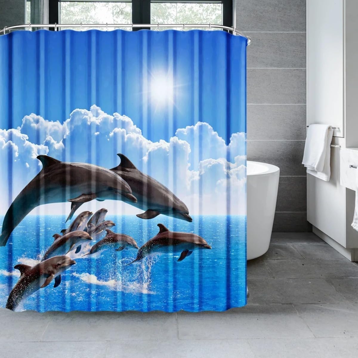 Dolphin Shower Curtain, Blue Underwater World Marine Life, Polyester Fabric, Kids Ocean Theme, 12 Hooks (E, W180xH180cm)