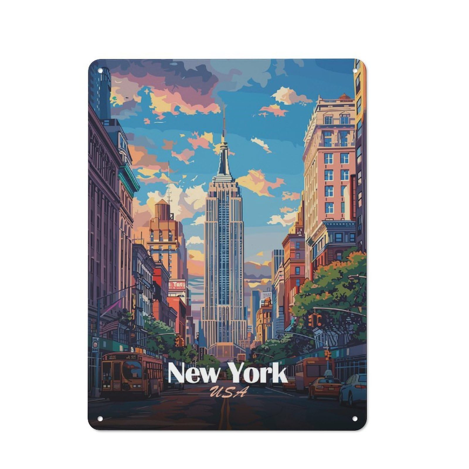 Junmoney Style-11 New York Cityscape With Empire State Distressed Look Metal Wall Decor 40X30cm, Vintage Tin Sign For Living Room, Hallway, Kitchen Or Cafe