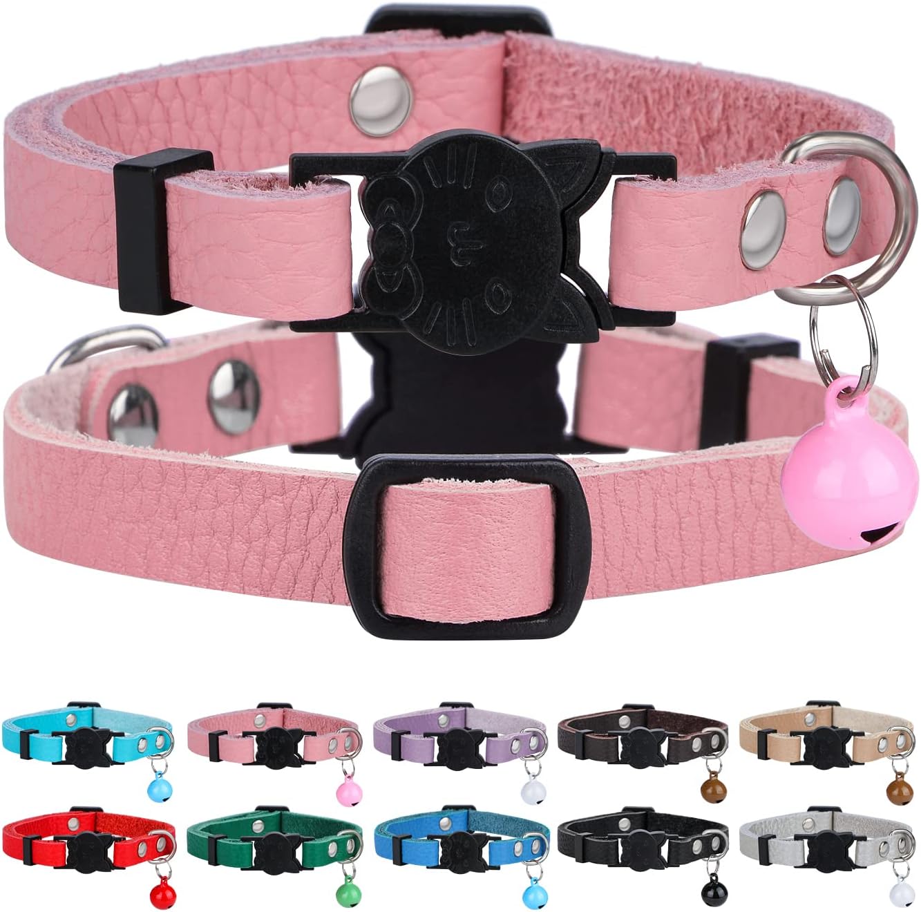 NEWSOFLY Soft Genuine Leather Cat Collars,Quick Release Buckle with Bell,Adjustable for Cats Kitten Black Red Pink Green Blue Brown…