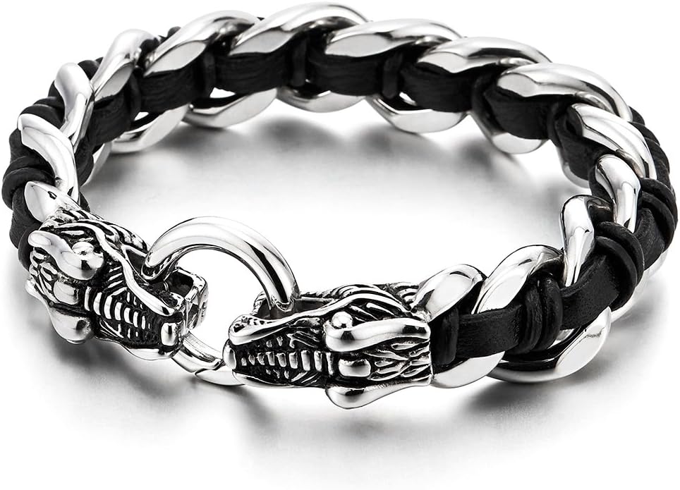 COOLSTEELANDBEYOND Mens Stainless Steel Dragon Curb Chain Bracelet Interwoven with Black Genuine Braided Leather