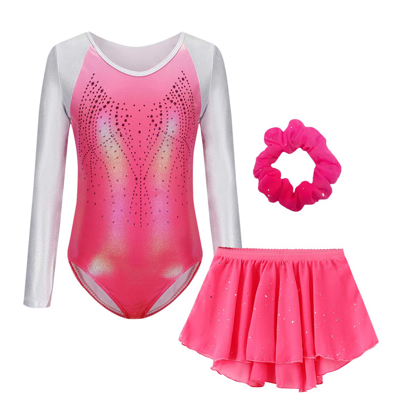 SEAUR Body da ginnastica da ragazza con strass brillanti, a maniche lunghe, con gonna rimovibile e fascia per capelli, 3 pezzi, per danza 5-12 anni